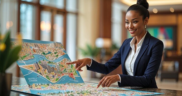 Nhân sự tư vấn vị trí và hành trình cho khách lưu trú tại thành phố